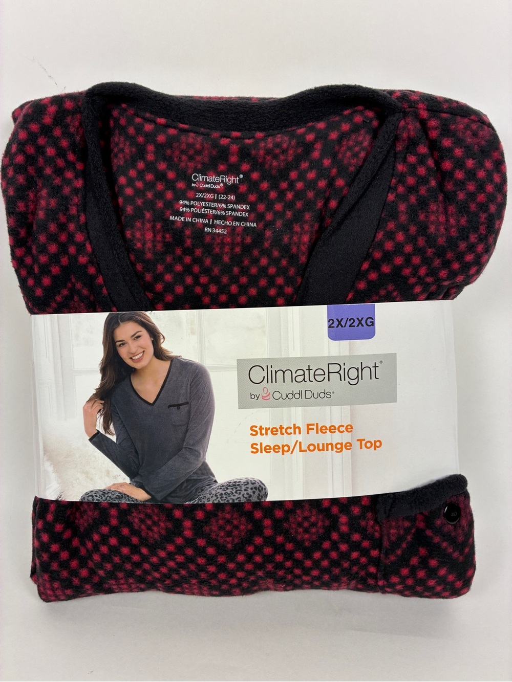 Cuddl Duds Women's Stretch Fleece Sleep/Lounge Top Black/Red Pocket Size 2X